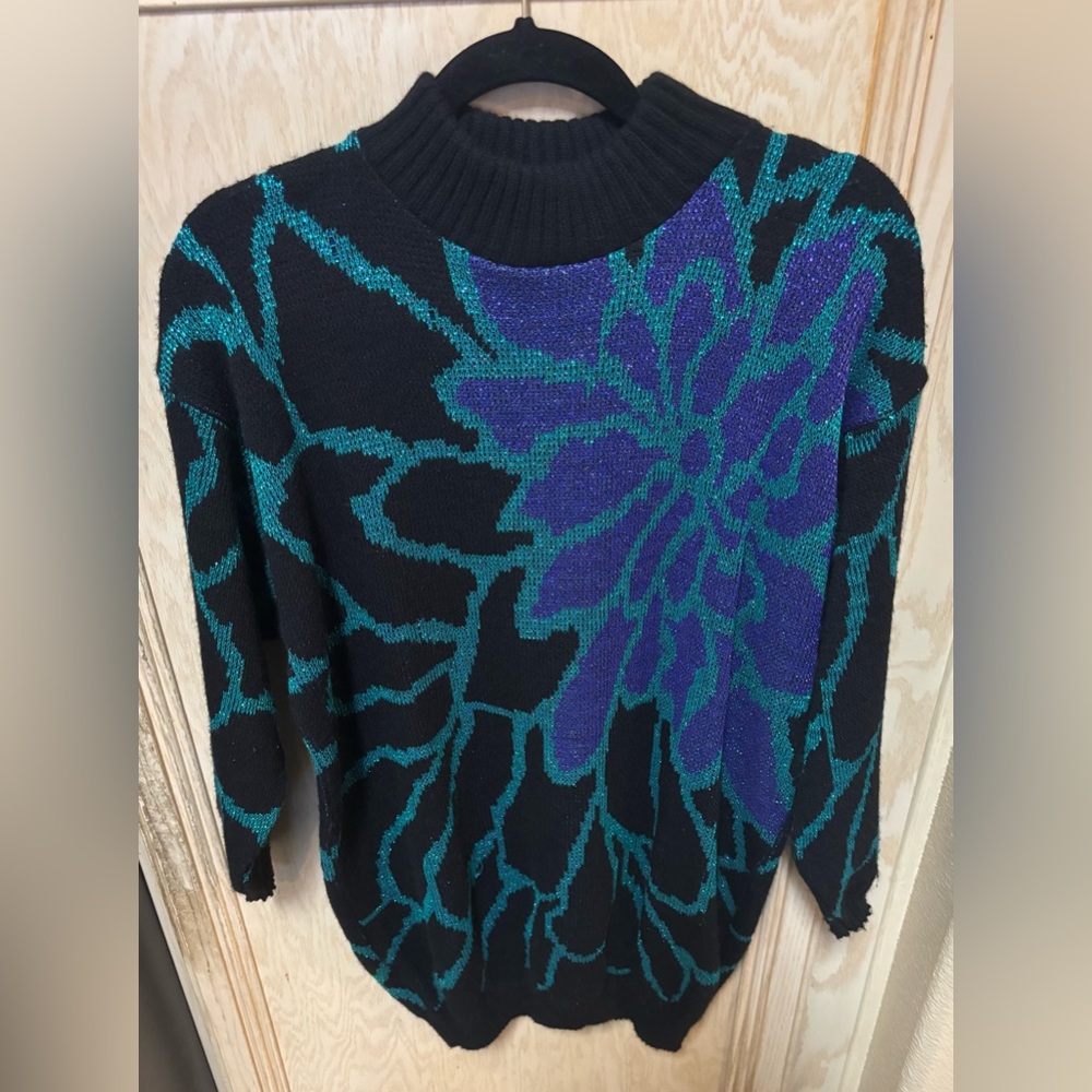 Distinctly Different Floral Sweater Sz‎ 20W 80-90s Black Green Purple Shimmer